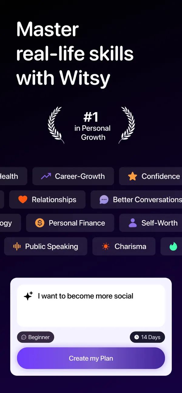 Witsy personal growth and career learning plan categories